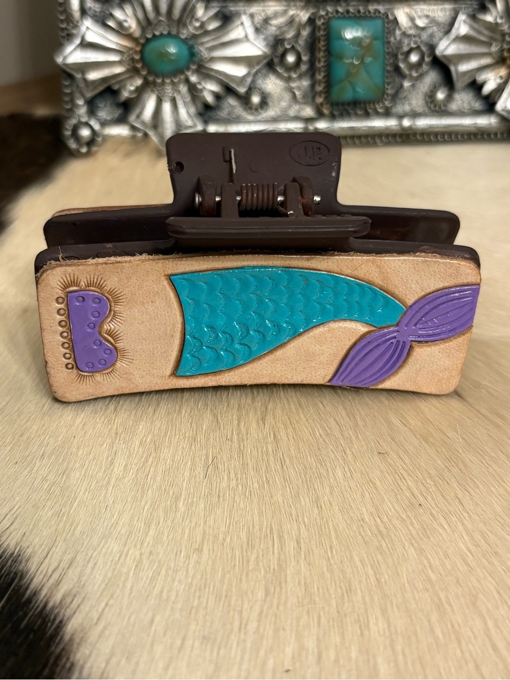 Mermaid Leather Hair Claw Clip in Turquoise & Purple